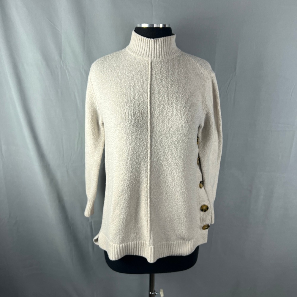 Ady P Sweater Womens XS Beige Side Button Placket Ribbed Trim Mock Neck Cozy